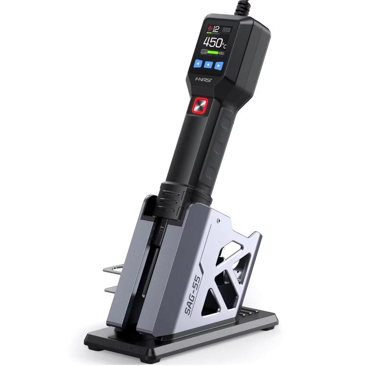 Hot air gun on metal stand with side nozzle holder and black handle body