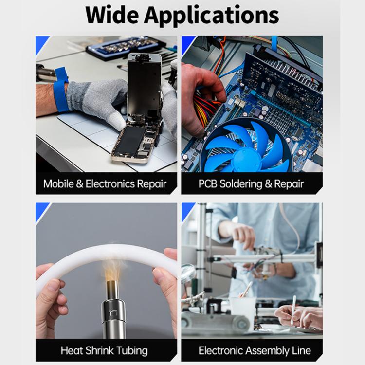 Portable hot air gun for electronics repair, PCB soldering, and heat-shrink tubing
