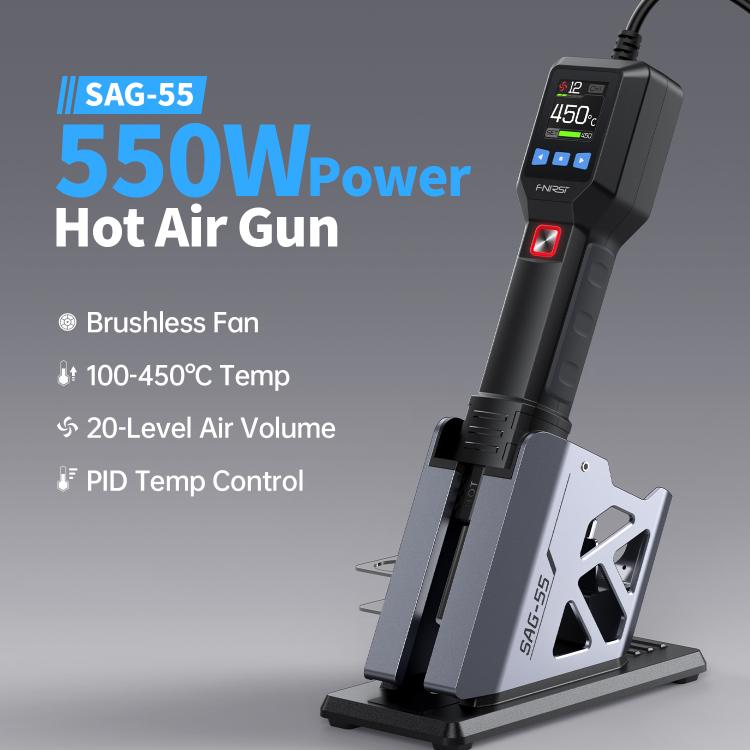 Power hot air gun on metal stand with illuminated display and red on/off button