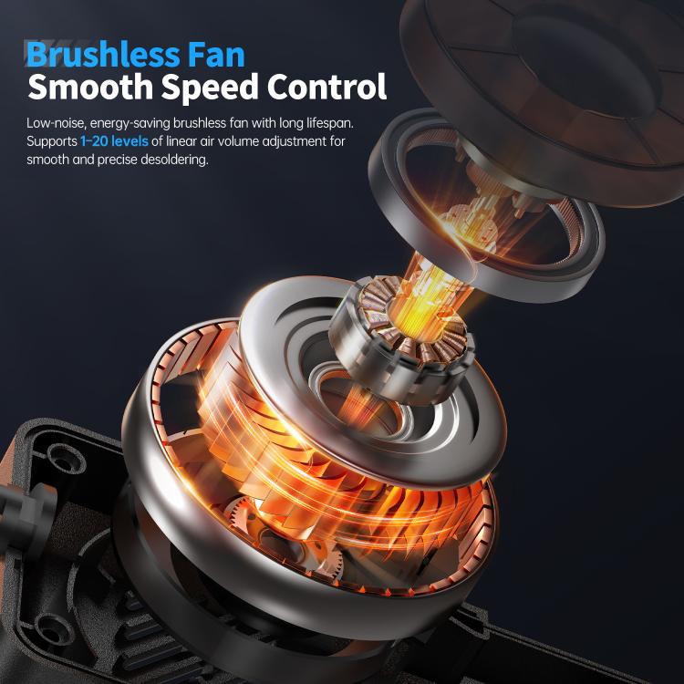 Hot air gun brushless fan detail graphic with glowing airflow and heating element