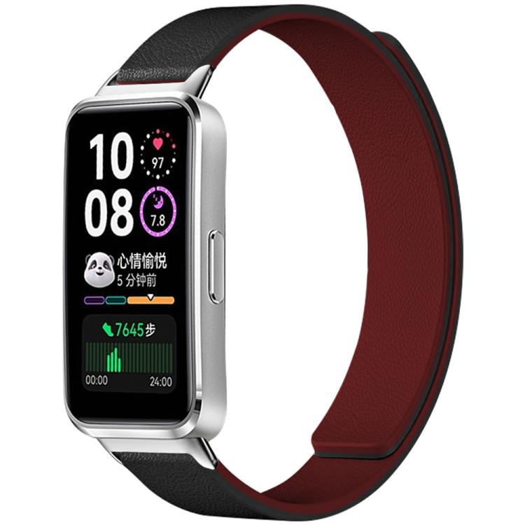 Magnetic silicone watch band with black exterior and burgundy lining, shown attached to a smartwatch.
