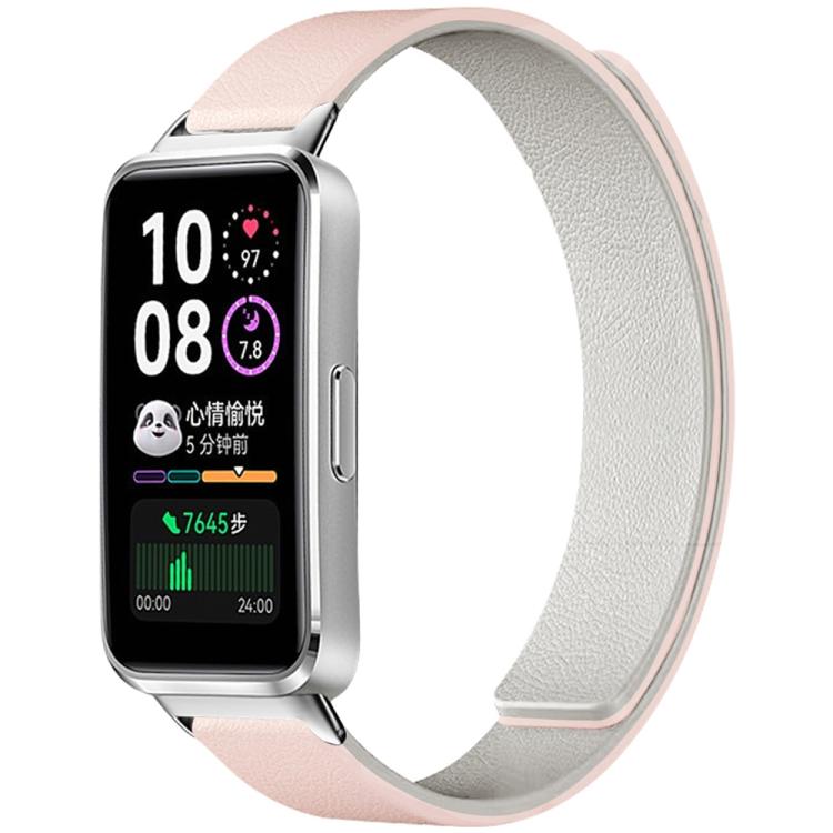 Magnetic silicone watch band with pale pink exterior and light gray lining, shown attached to a smartwatch.