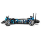 Side view 1:10 4WD RC car chassis with blue suspension arms, belt-drive layout, front wheels