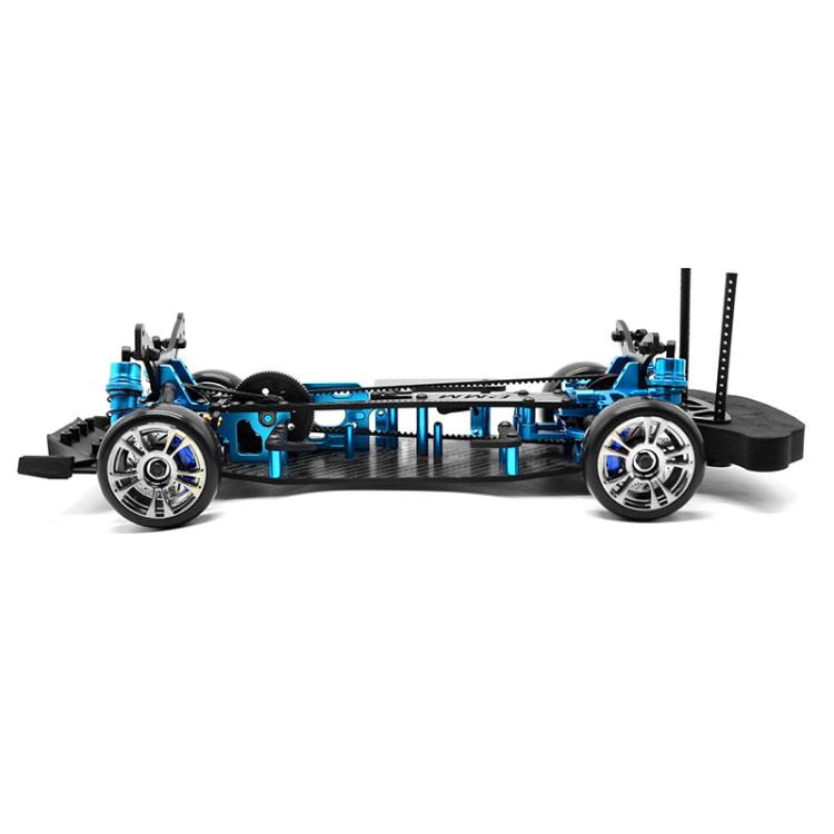 Side view 1:10 4WD RC car chassis with blue suspension arms, belt-drive layout, front wheels