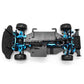 Top view RC 4WD chassis frame with blue hubs, carbon fiber plate, and four wheels