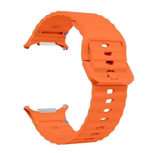 Orange silicone watch band with ridged texture and adjustment holes