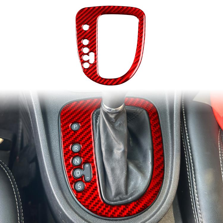 Red carbon fiber gear position panel sticker installed on car center console