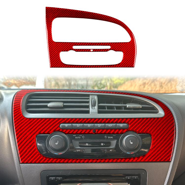 Red carbon-fiber center console trim panel around air vents and climate control dials