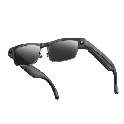 Black smart glasses with dark lenses, shown from the front and opposite side