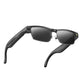 Black smart glasses with dark lenses and a camera built into the frame