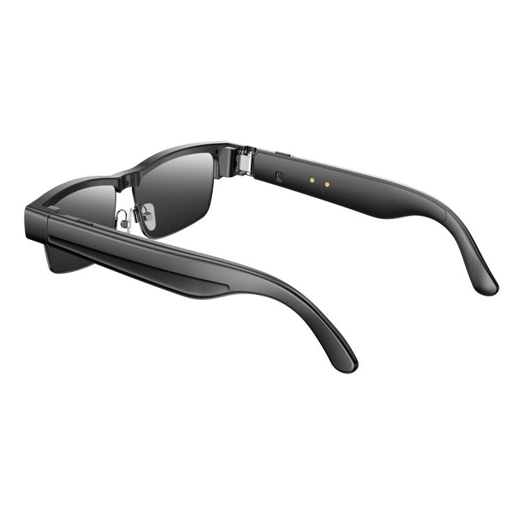 Black smart glasses shown from the side, revealing the inner arms and controls