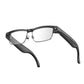 Black smart glasses with clear lenses and a camera built into the frame
