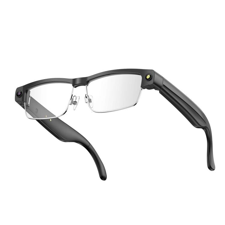 Black smart glasses with clear lenses, shown from the front and side