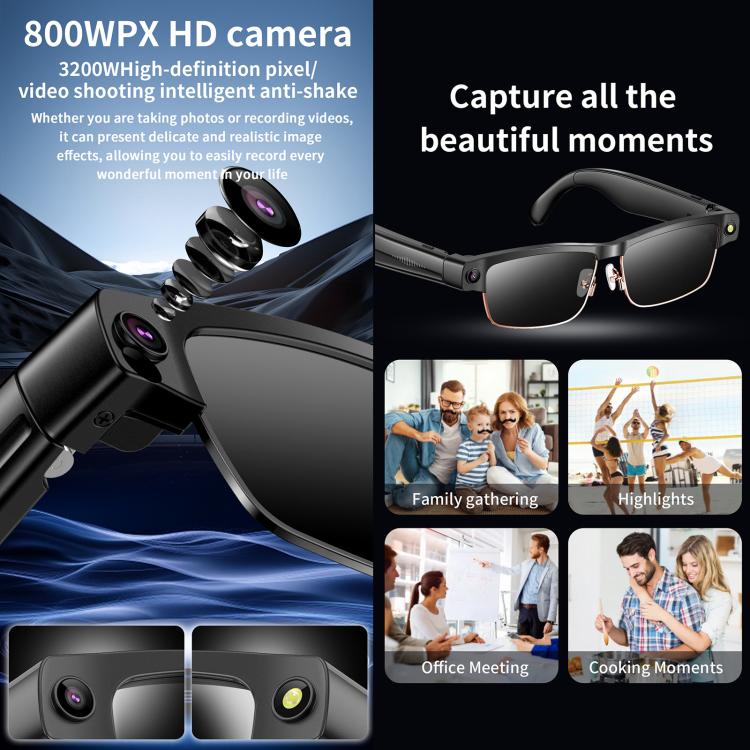 Smart glasses with camera close-ups and panels showing family, sports, office, and home use