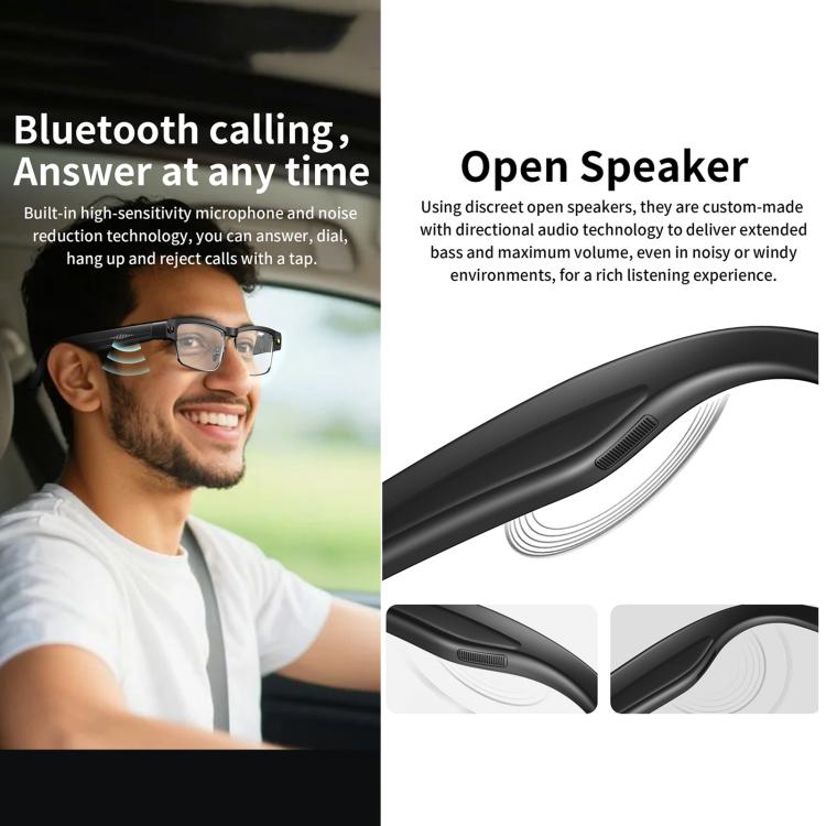 Black smart glasses with a wearer and close-ups of the built-in open speakers