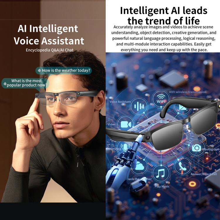 Black smart glasses with camera, shown with voice assistant and wireless features
