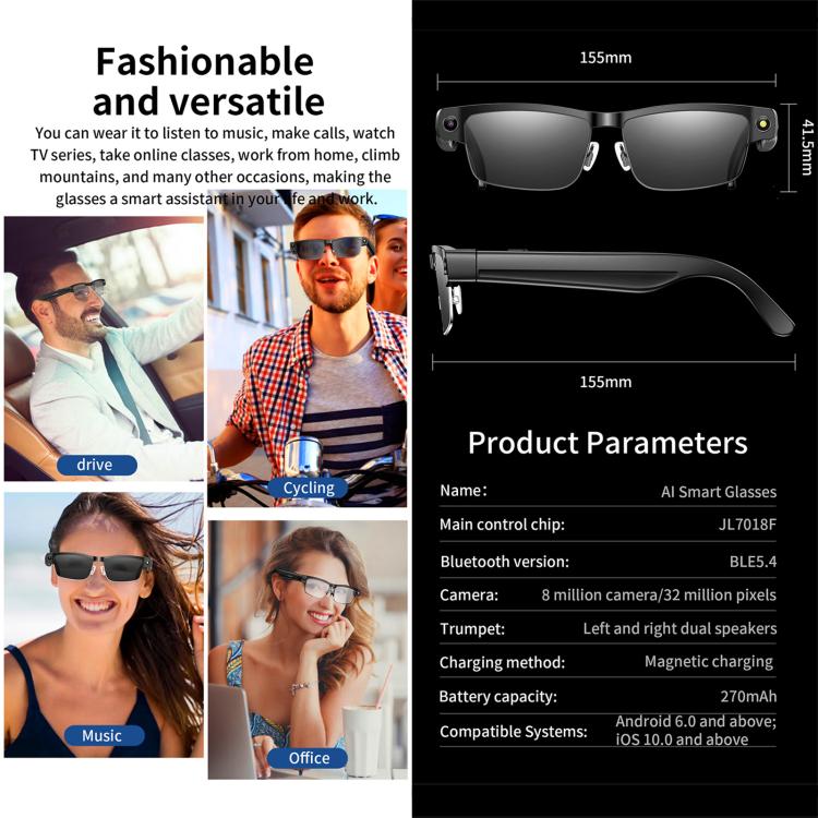 Black smart glasses shown from front and side with 155 mm frame width