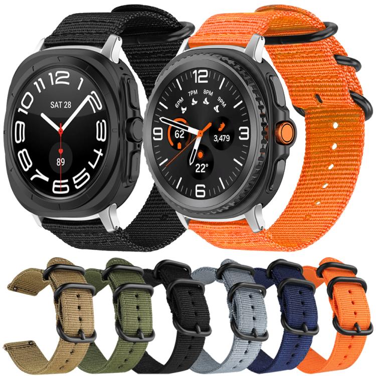 Woven nylon watch bands in black and orange shown on watches, with six colors below