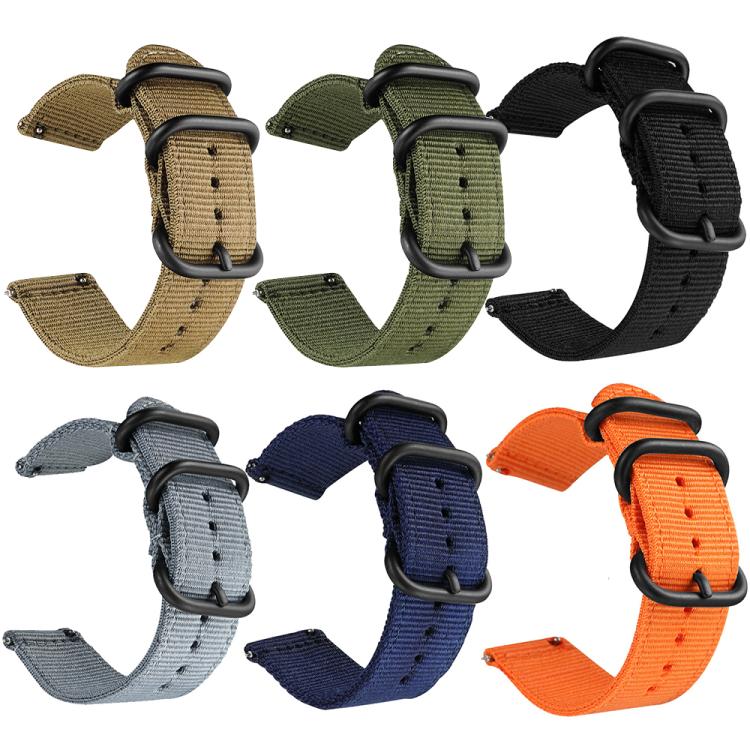 Six woven nylon watch bands in khaki, green, black, gray, navy, and orange
