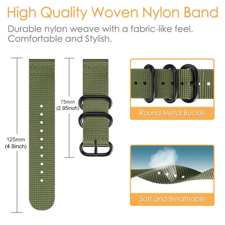 Green woven nylon watch band with sizing measurements and round metal buckle details