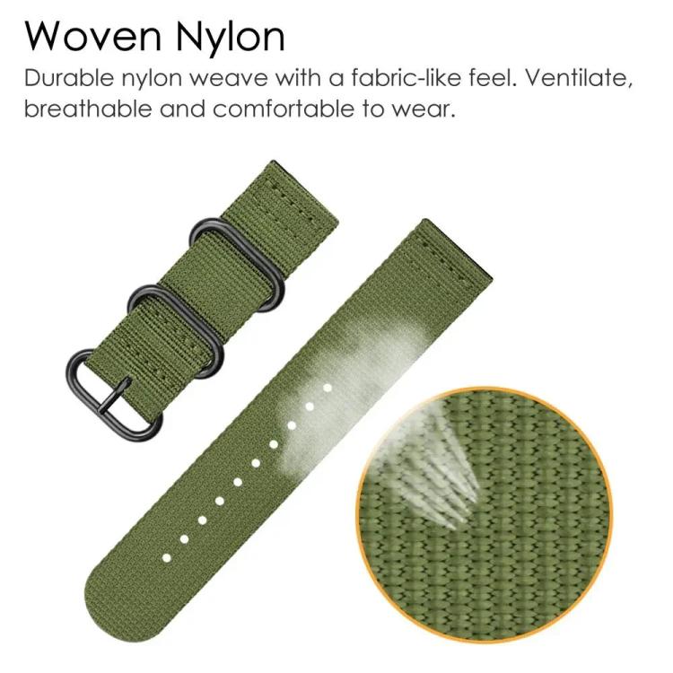 Green woven nylon watch band shown in two pieces with a close-up of its textured weave