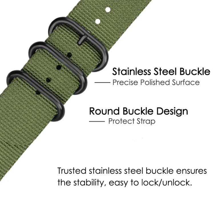 Close-up of green woven nylon watch band with three black round metal loops