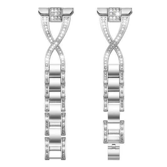 Silver X-shaped crystal-accented watch band shown in two views, one shortened