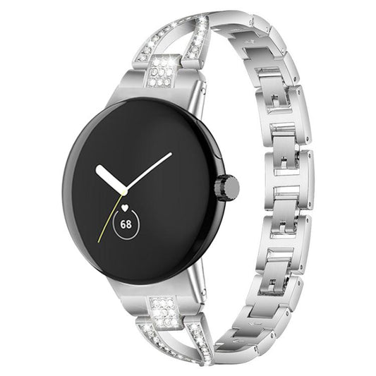 Silver metal watch band with crystal accents, shown on a round smartwatch