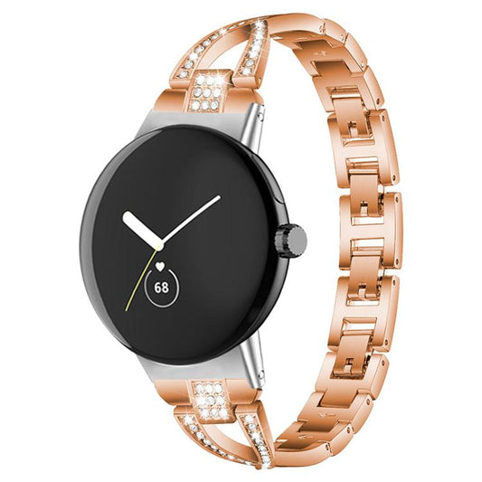 Rose gold metal watch band with crystal accents, shown on a round smartwatch