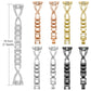 X-shaped metal watch band in four colors, shown full length and in separated link sections; 18.5 cm.