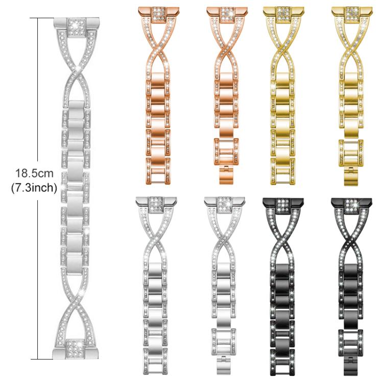 X-shaped metal watch band in four colors, shown full length and in separated link sections; 18.5 cm.