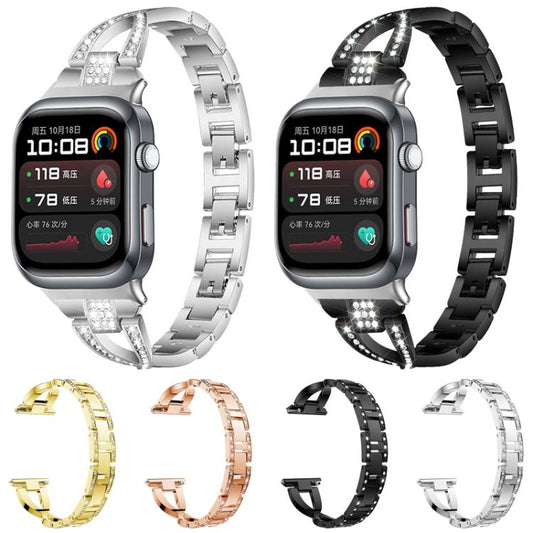 X-shaped metal watch bands in silver and black, with additional color options below