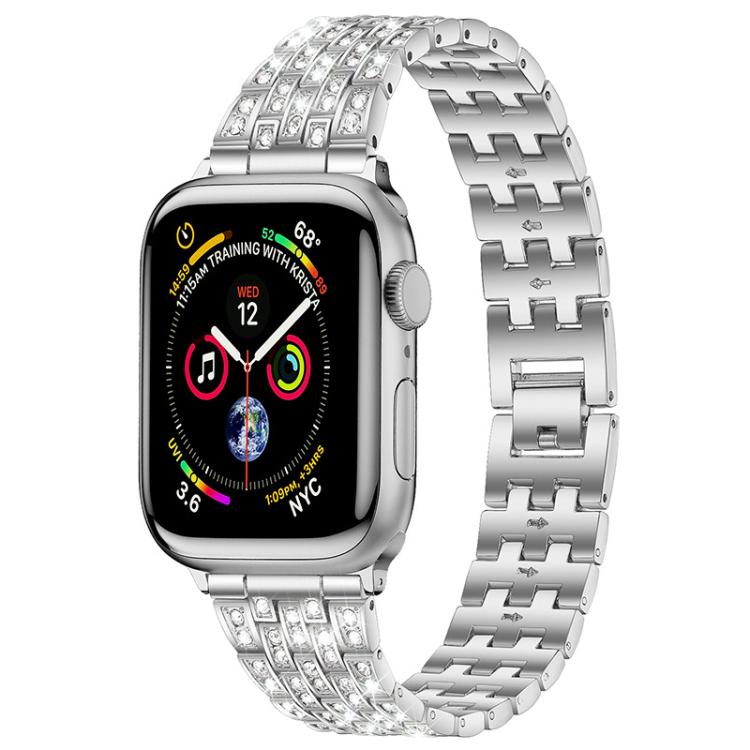 xDfind silver metal Apple Watch band with five rows of clear stones, shown attached to a watch