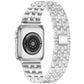xDfind silver metal Apple Watch band with five rows of clear stones, shown from the watch back