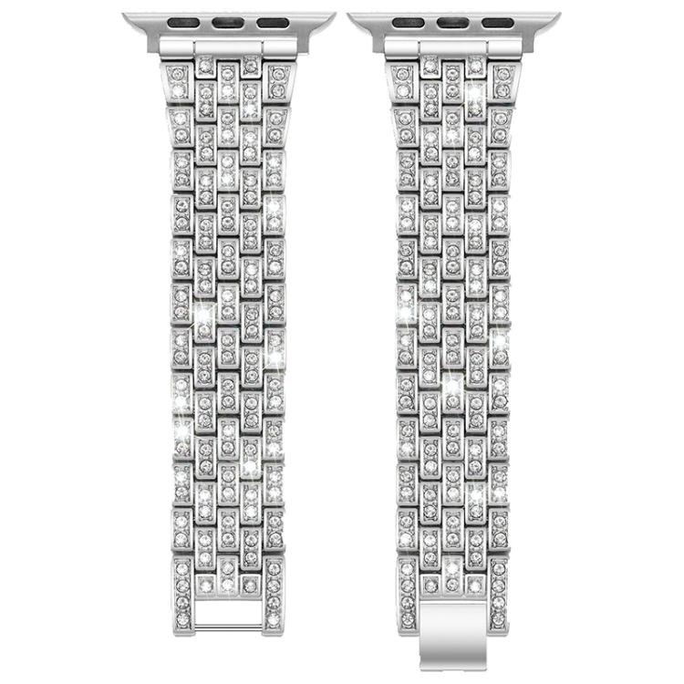 xDfind silver Apple Watch band shown as two straight halves, with five rows of clear stones
