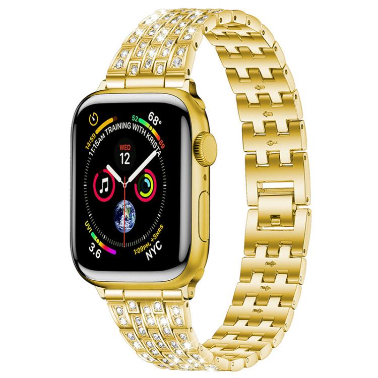 xDfind gold metal Apple Watch band with five rows of clear stones, shown attached to a watch