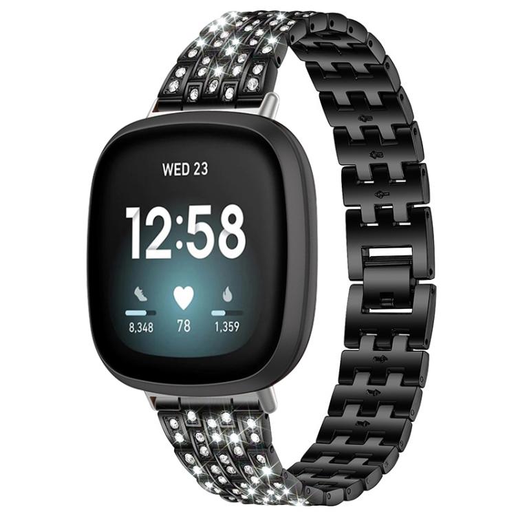Black five-bead metal watch band with clear stones, shown attached to a smartwatch.