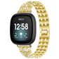 Gold five-bead metal watch band with clear stones, shown attached to a smartwatch.