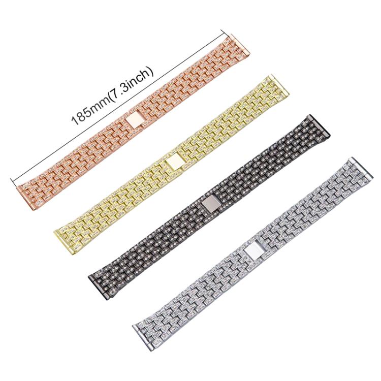 Four jeweled metal watch bands in rose gold, gold, black and silver; one measures 185 mm.