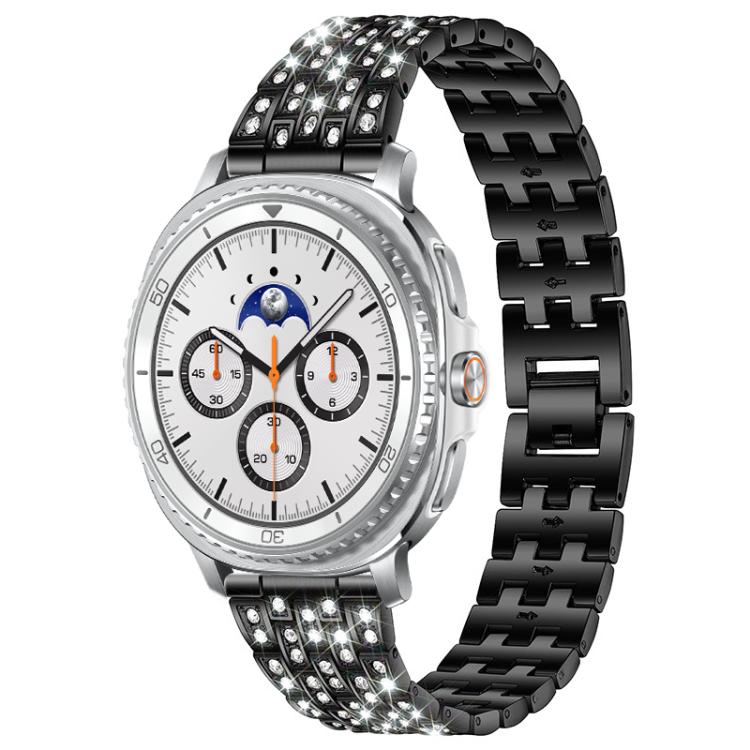 Black five-row metal watch band with clear stones, shown on a smartwatch with a white dial.