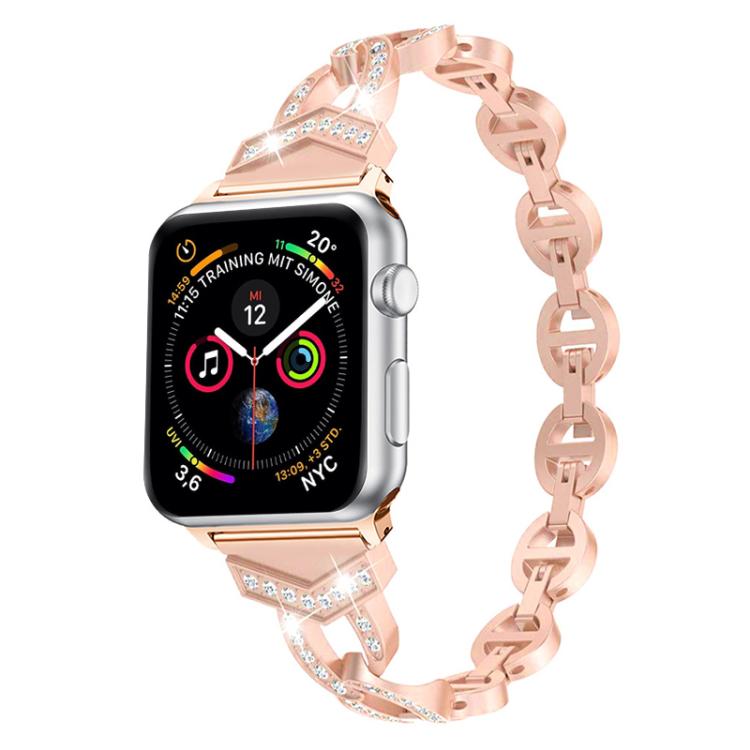 Rose gold stainless steel Apple Watch band with crystal accents and linked design