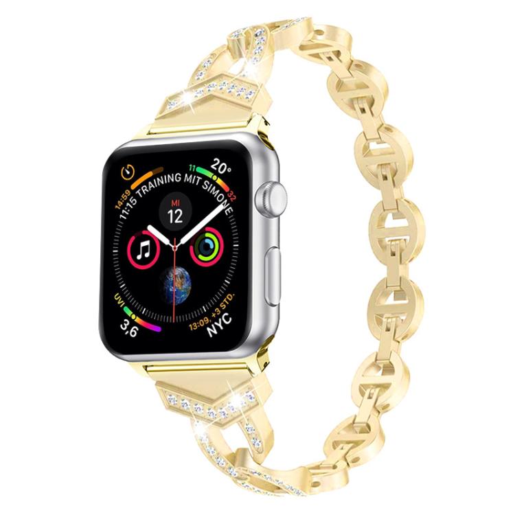Gold stainless steel Apple Watch band with crystal accents and linked design