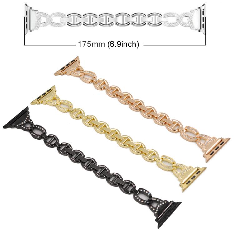 Stainless steel Apple Watch band in silver, black, gold, and rose gold, with linked design; 175 mm long