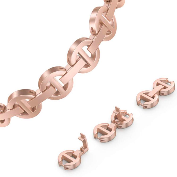 Rose gold stainless steel Apple Watch band with interlocking links and removable sizing links