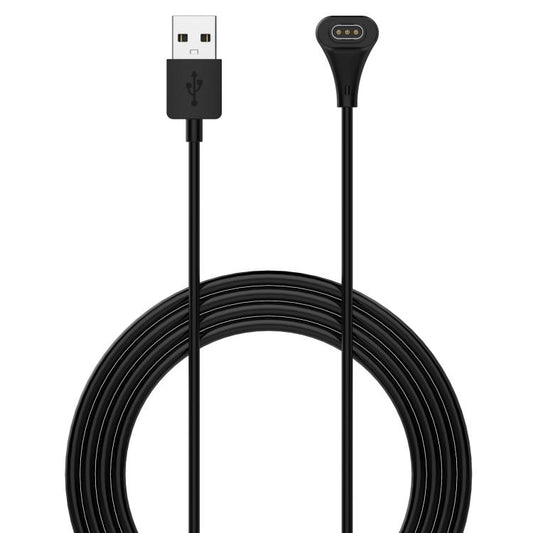 Black USB watch charging cable with coiled cord and three-pin magnetic connector