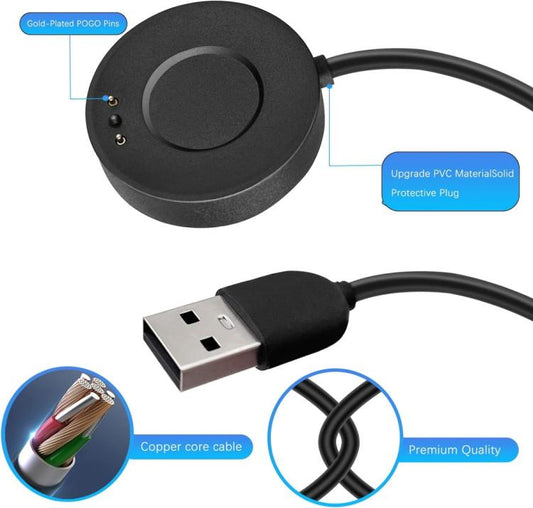 Close-up of round smartwatch charger, USB-A plug, and cable with gold-plated contact pins
