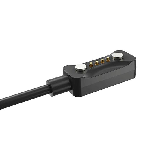Close-up of the xDfind cable's magnetic watch connector with four gold pins