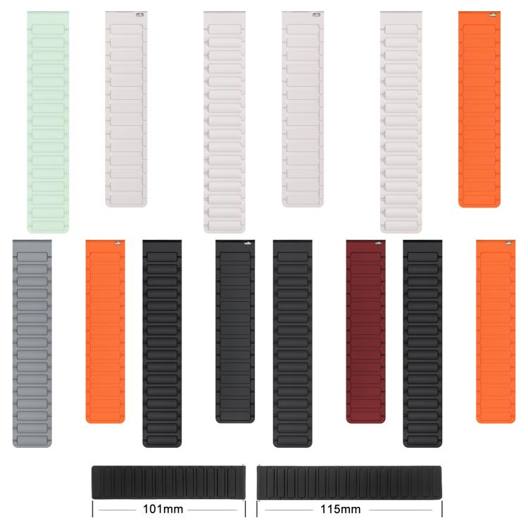 Silicone magnetic watch band pieces in assorted colors, with two lengths shown.