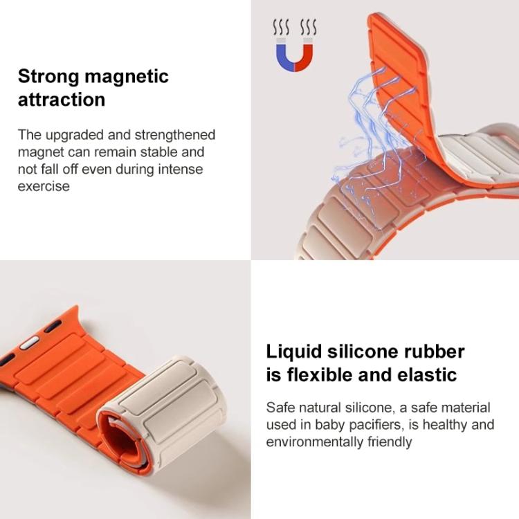 Orange and light silicone magnetic watch band, shown flexing and attracting magnetically.