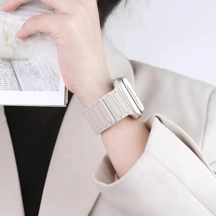 Light-colored silicone magnetic watch band worn on a wrist.